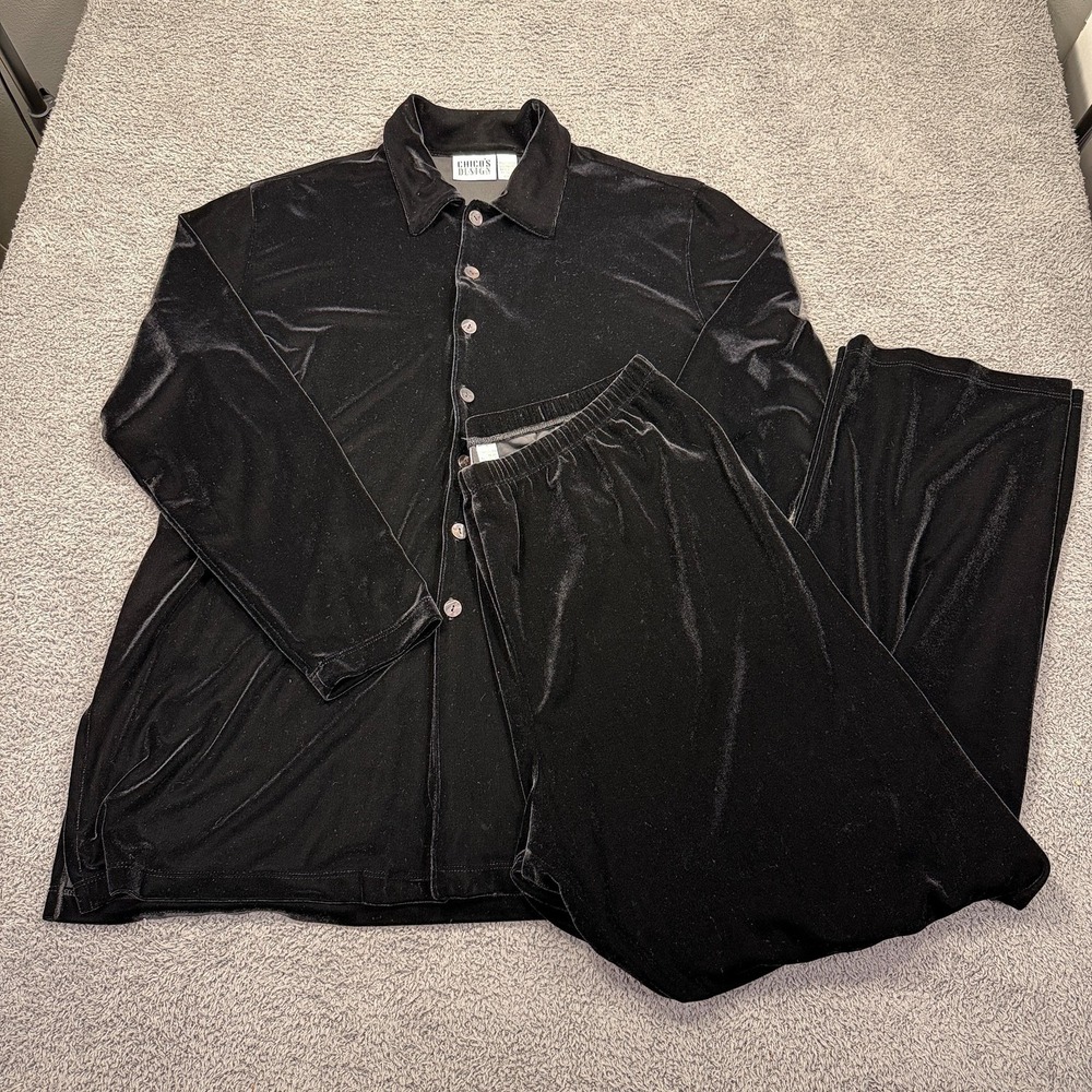 Chico's Design Shirt Pants Set Womens‎ 3 Black Velvet 2 Piece Lounge Made in USA